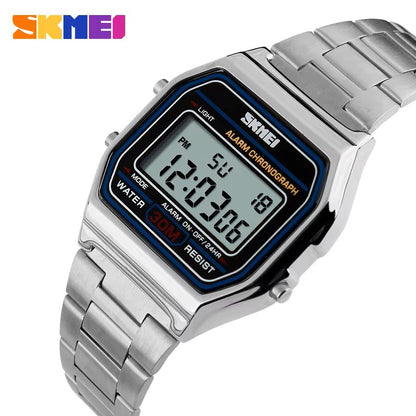 SKMEI 1123 Classic design Unisex Square Digital Display Multi-Function Stainless Steel watch- Silver