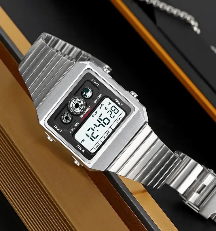 SKMEI 2450 Retro Square Alloy Stainless Steel Waterproof Men Wristwatch- Silver