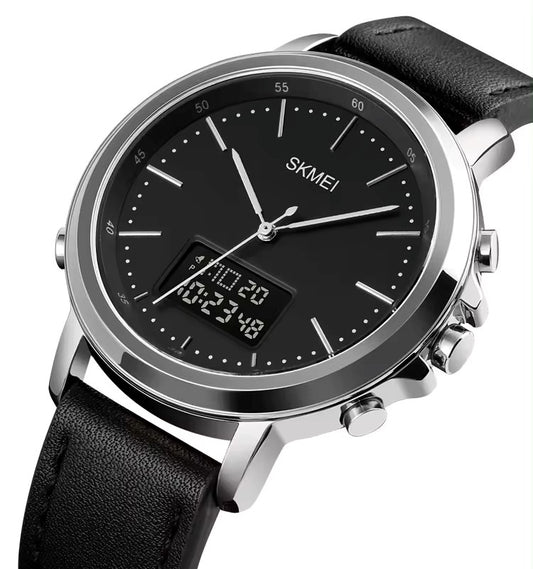 Skmei 1652 Men’s Dual Time Belt Watch for men - Black & Silver