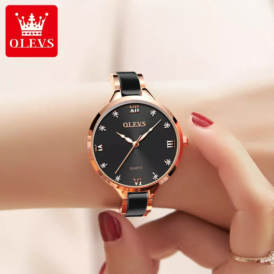 OLEVS 5872 Ceramic Quartz Women Watches- Black