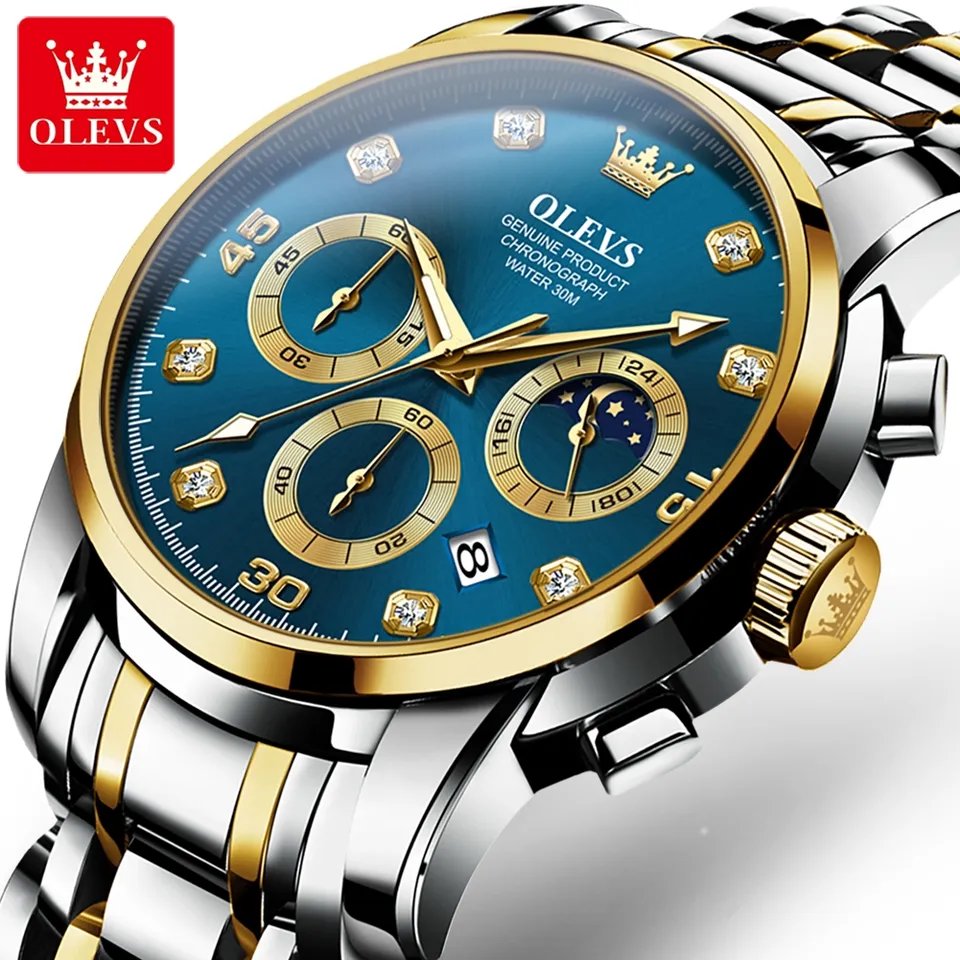 Olevs 2889 Luxury Chronograph Stainless Steel Luminous Quartz Men watch- Silver Gold & Blue