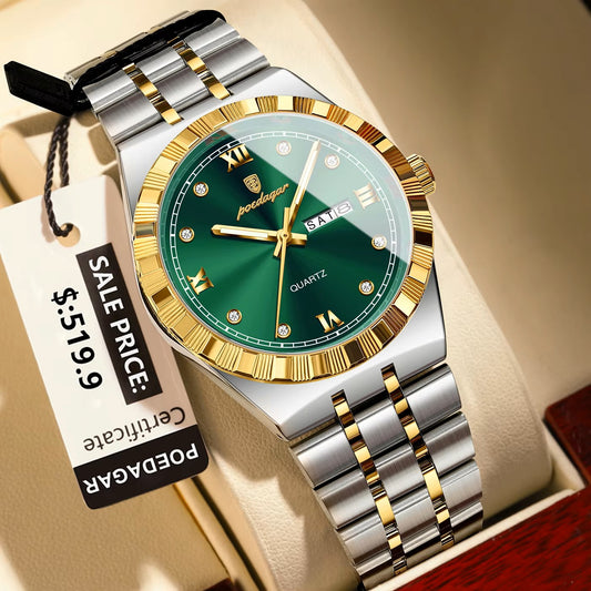 POEDAGAR 872 Luminous Stainless Steel Quartz Day date view Men’s Wristwatch- Silver Gold & Green
