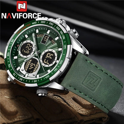 NAVIFORCE 9197 Digital & Analog Display Leather Casual Military Sport Wristwatch for Men’s- Green