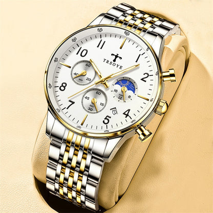 TRSOYE 668 Casual Man Watch Day Sun & Night Moon 24 Hours Display Wristwatches – Silver Gold