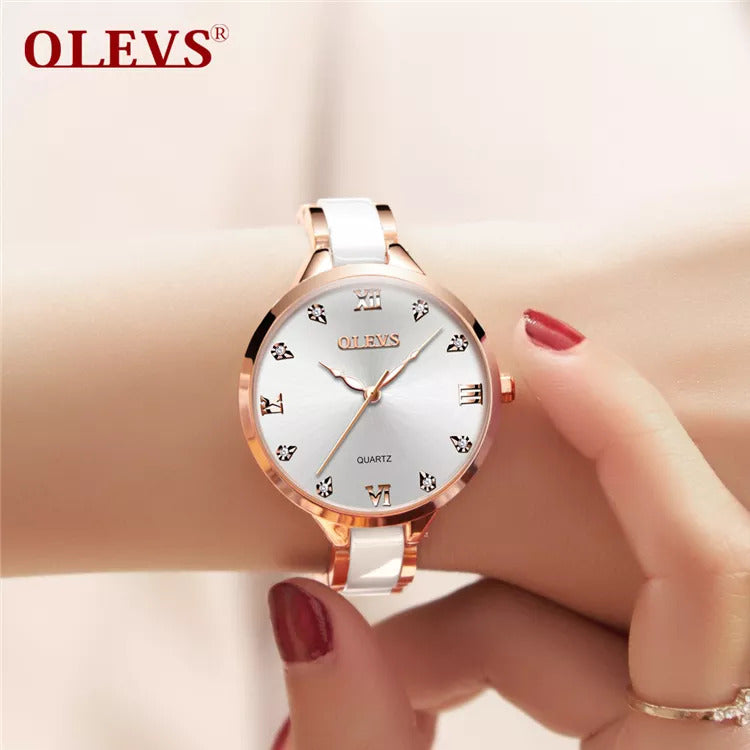 OLEVS 5872 Ceramic Quartz Women Watches- White