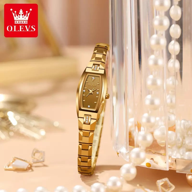 OLEVS 5501 Tungsten Steel Elegant Design with Diamond Relogio Feminino Quartz Women's Watch- Gold