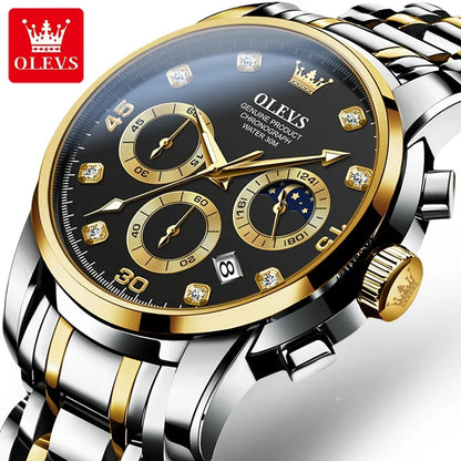 Olevs 2889 Luxury Chronograph Stainless Steel Luminous Quartz Men watch- Silver Gold & Black