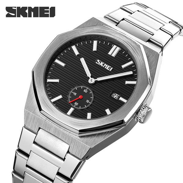 SKMEI 9262 Stainless Steel Band quartz Business Watch For Men's- Silver & Black