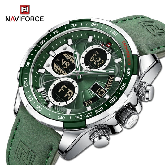 NAVIFORCE 9197 Digital & Analog Display Leather Casual Military Sport Wristwatch for Men’s- Green