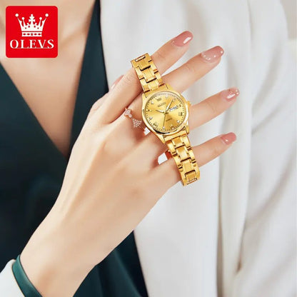 OLEVS 5563 Luxury Fashion round Ladies Quartz Watch - Gold