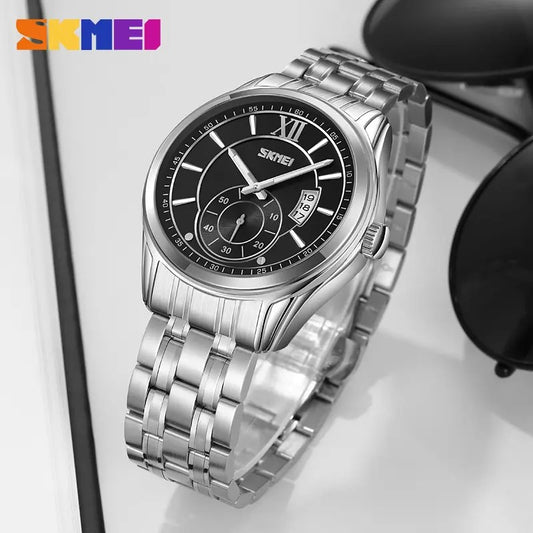 Skmei 9319 Quartz Luminous Luxury Stainless Steel Classic Calendar Men’s Wrist-watches- Silver Black
