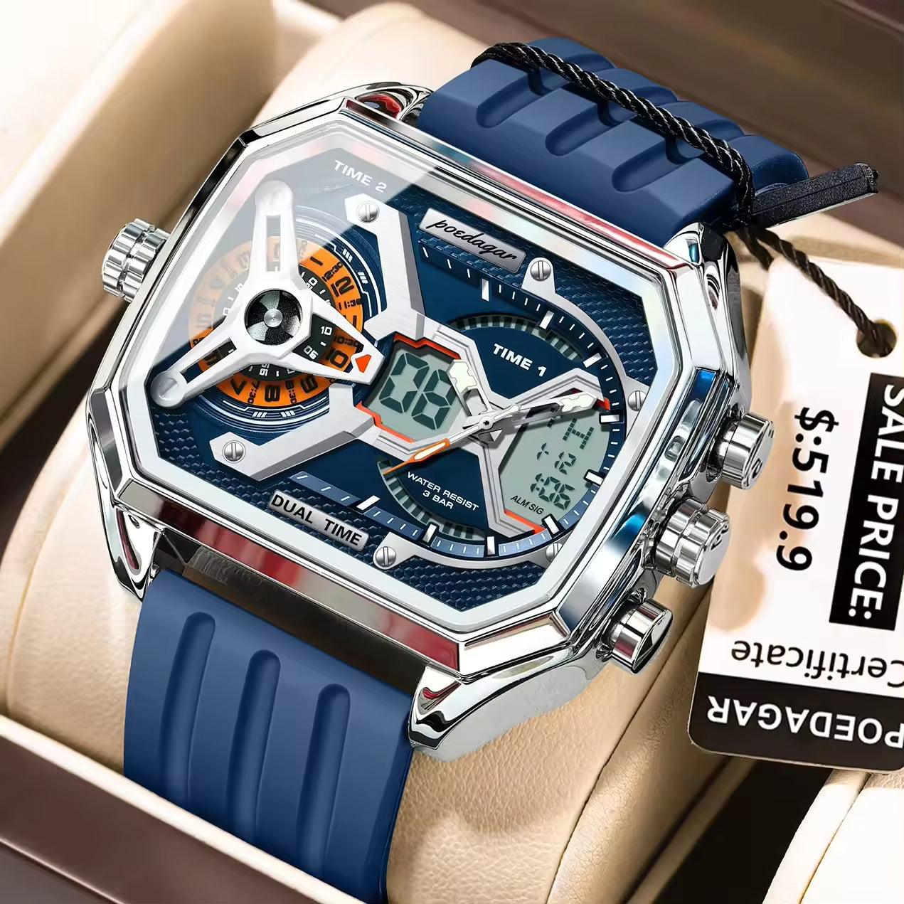 POEDAGAR 106 New Edgy Dual Display Silicone Strap Men's Watch - Blue