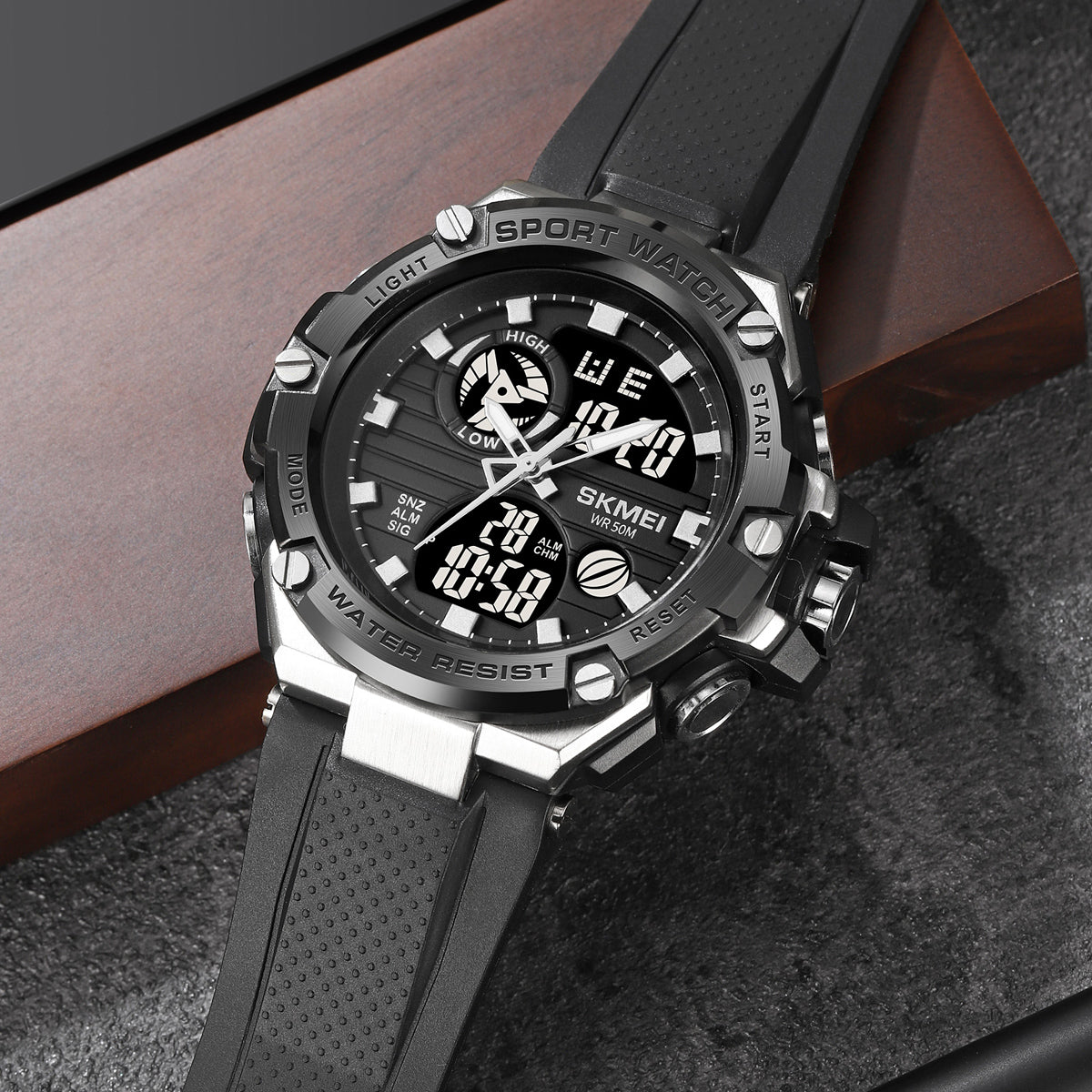 SKMEI 2119 Dual Time Alarm 5Bar Waterproof multi-functional Sports watch- Black silver