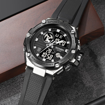 SKMEI 2119 Dual Time Alarm 5Bar Waterproof multi-functional Sports watch- Black silver
