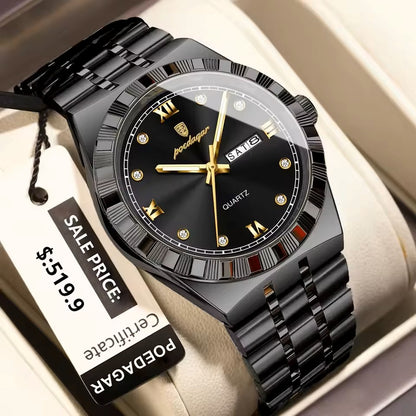 POEDAGAR 872 Luminous Stainless Steel Quartz Day date view Men’s Wristwatch- Black