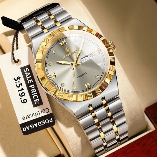 POEDAGAR 872 Luminous Stainless Steel Quartz Day date view Men’s Wristwatch- Silver Gold & Gray