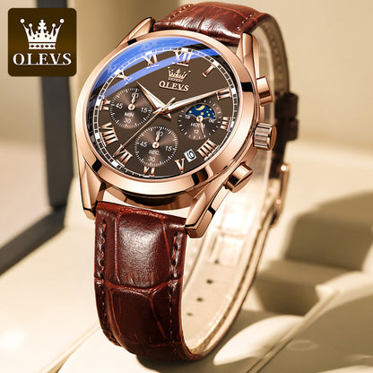 Olevs 2871 Leather Strap Fashion Business Quartz Wristwatch for Men- Brown