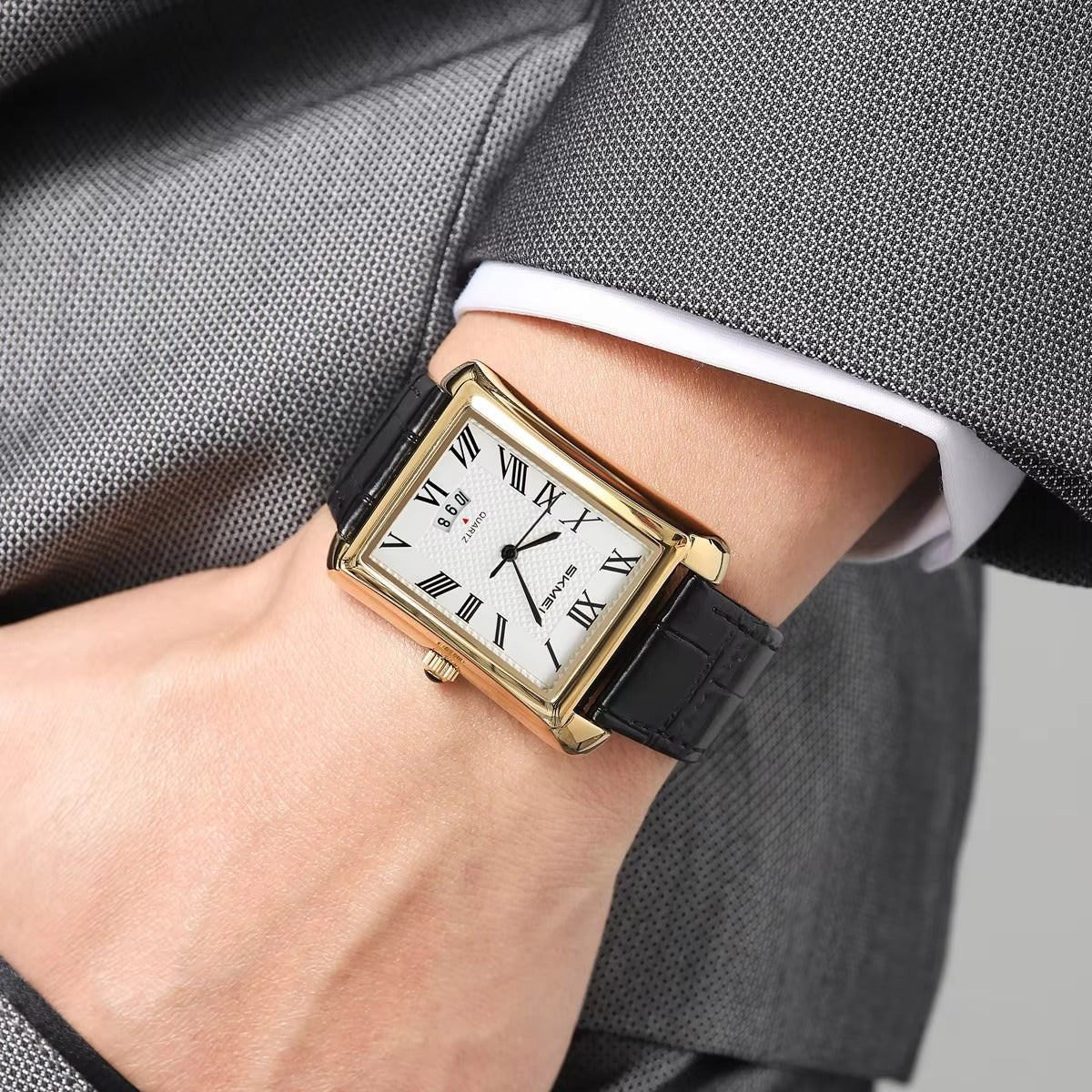 SKMEI 2575 Stainless Steel Luxury Quartz Movement Men’s Business Fashion Roman Numeral Square Case Leather Strap- Black Gold