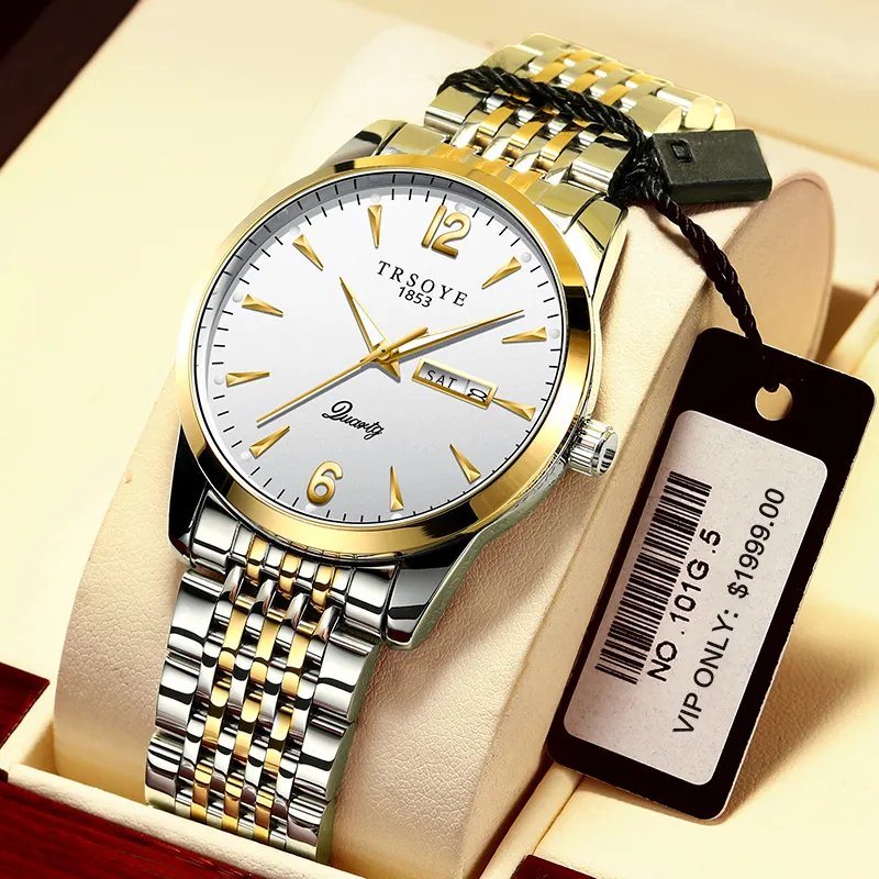 Trsoye 068 Custom Strap Design Fashion Hands Men Wristwatch- Silver & Gold