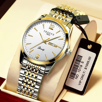 Trsoye 068 Custom Strap Design Fashion Hands Men Wristwatch- Silver & Gold