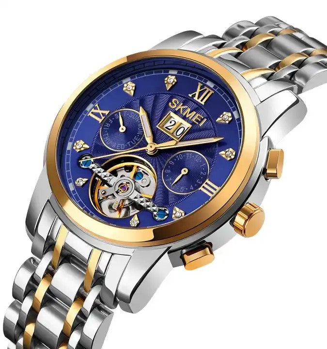 SKMEI M029 Mechanical Watch- Silver Gold & Blue