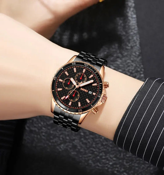 SKMEI 9334 Chronograph Stainless Steel Men's Quartz Watch- Black & Rose Gold