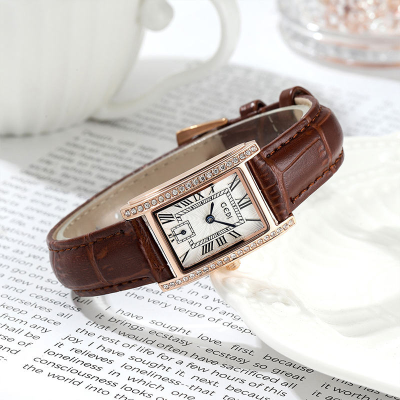 GEDI 51025 Vintage Diamond Rose Gold Leather Strap Quartz Watch