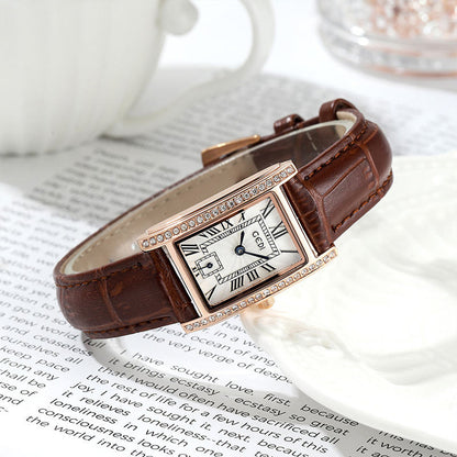GEDI 51025 Vintage Diamond Rose Gold Leather Strap Quartz Watch