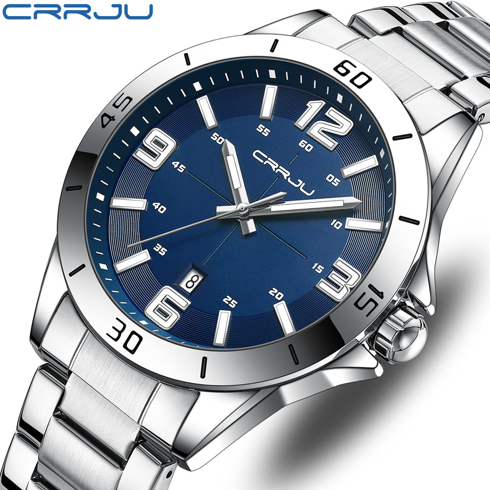 CRRJU 5003 Luxury Design Stainless Steel Watches Men's Quartz Luminous Clock- Silver Blue