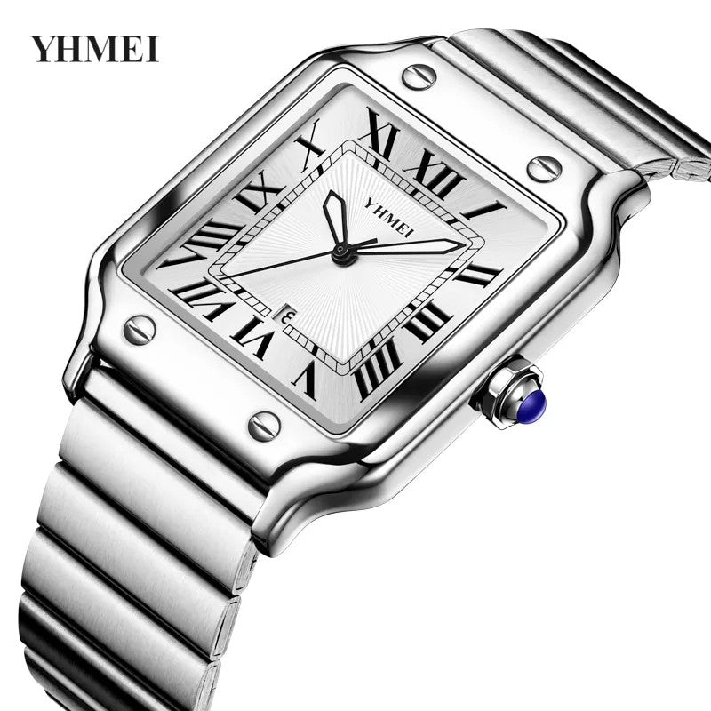 YHMEI 8239 Classic Square Rectangle Quartz Movement Wristwatch for Men’s- Silver