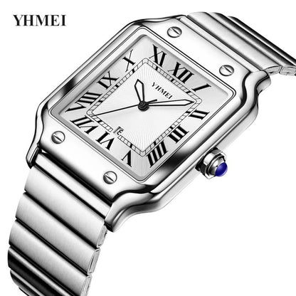 YHMEI 8239 Classic Square Rectangle Quartz Movement Wristwatch for Men’s- Silver