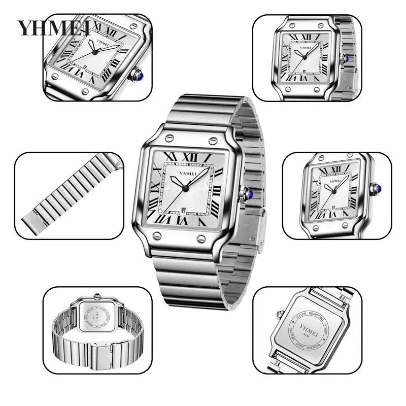 YHMEI 8239 Classic Square Rectangle Quartz Movement Wristwatch for Men’s- Silver