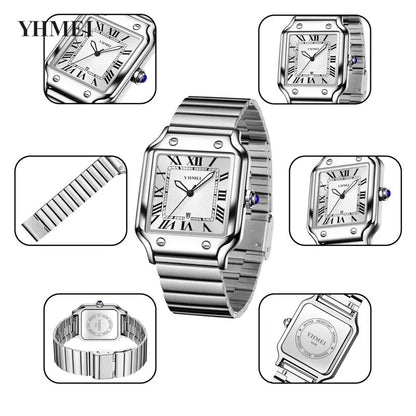 YHMEI 8239 Classic Square Rectangle Quartz Movement Wristwatch for Men’s- Silver