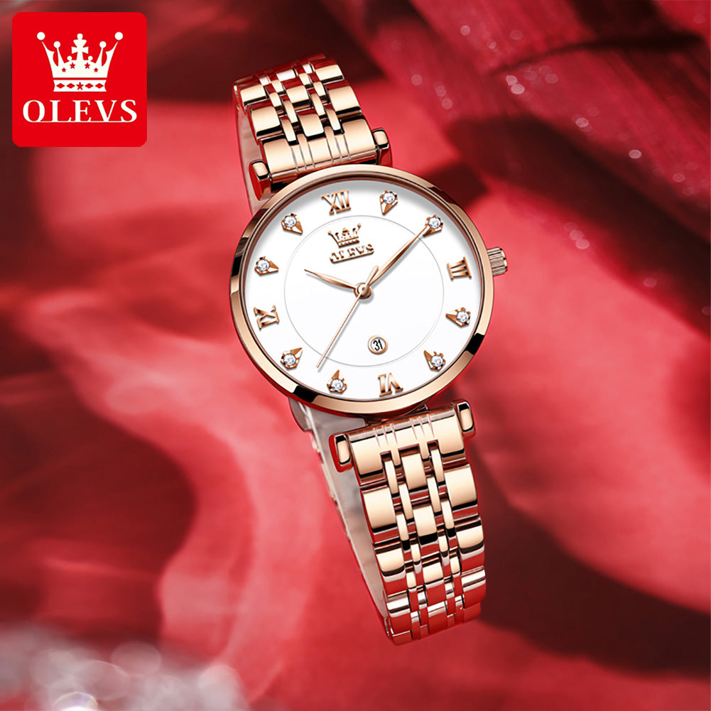 OLEVS 5866 Luxury Fashion Quartz watch for women- Rose Gold & white