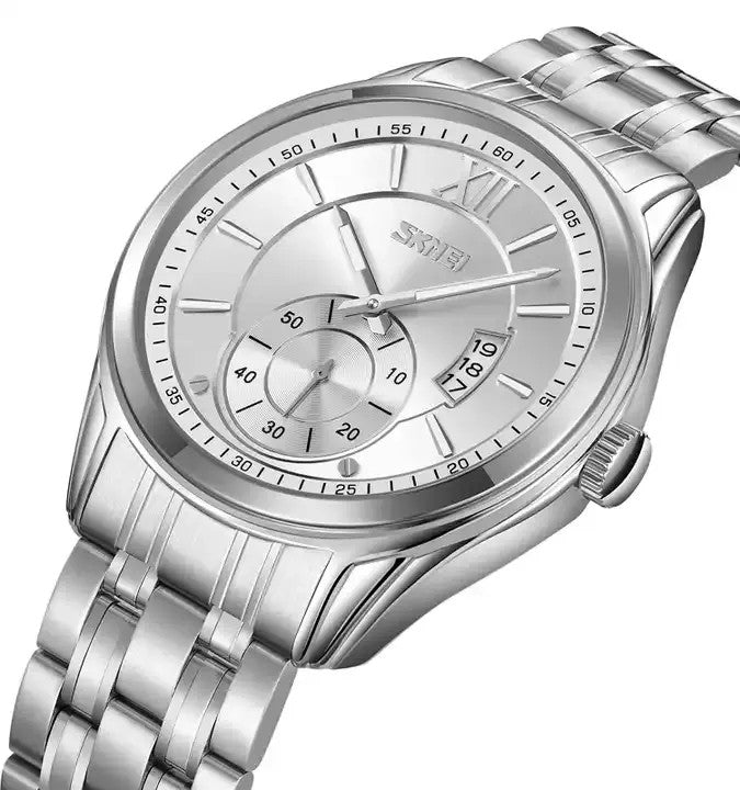 Skmei 9319 Quartz Luminous Luxury Stainless Steel Classic Calendar Men’s Wrist-watches- Silver