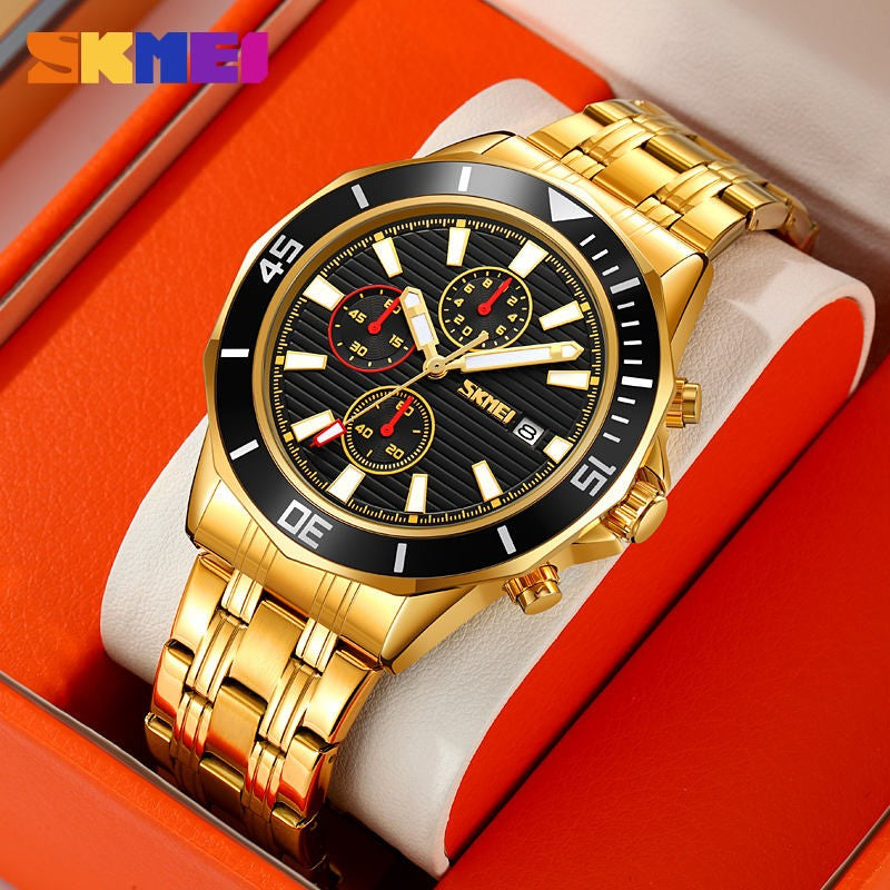 SKMEI 9335 Active Chronograph Quartz Stainless Steel High Quality Luxury Men’s watch- Gold Black