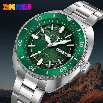 SKMEI 2256 Luxury Stainless Steel Quartz Watch for Men Calendar Week Back Light Display Mens Wristwatch- Silver Green