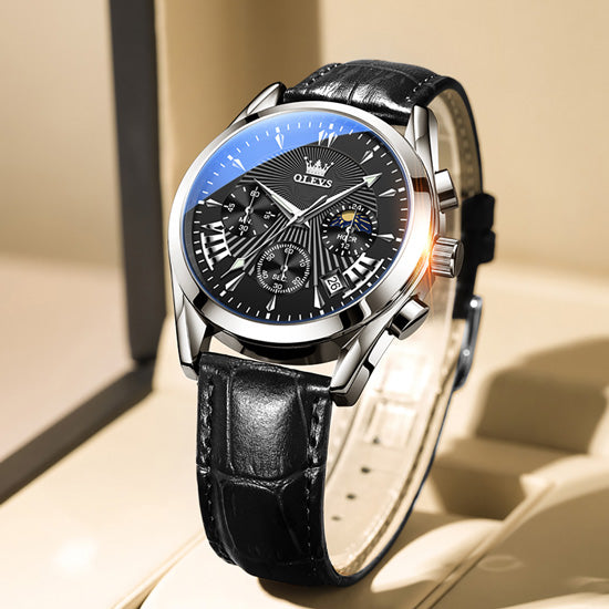 OLEVS 2876 Luxury Fashion Leather Quartz Wristwatch Men- Black Silver