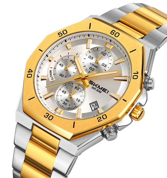 SKMEI 2452 Luxury Active Chronograph Luminous Stainless Steel Men’s Quartz Watch- Gold Silver