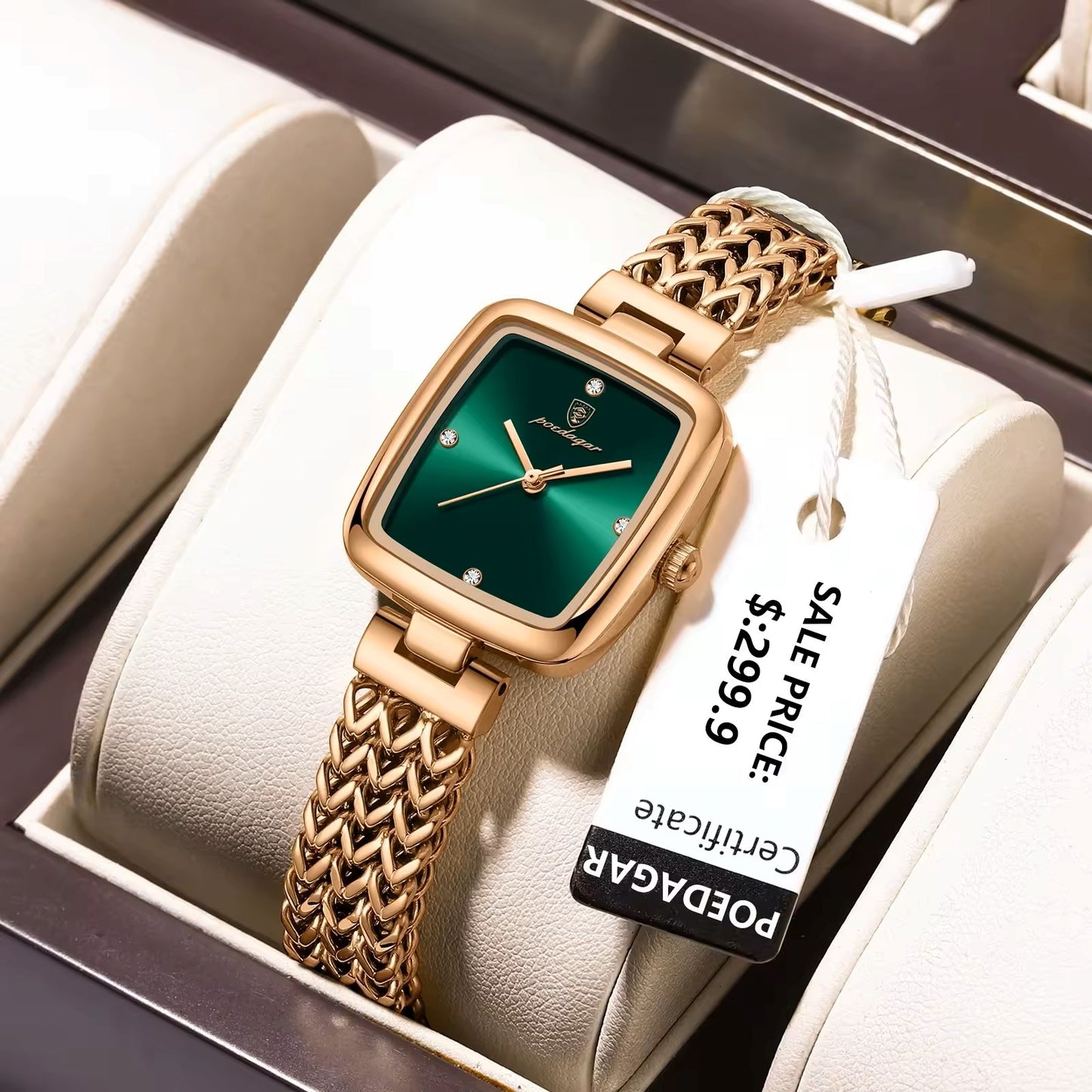 POEDAGAR 768 Luxury Square Elegant Fashion Ladies Watch- Rose Gold & Green