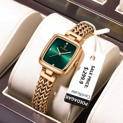 POEDAGAR 768 Luxury Square Elegant Fashion Ladies Watch- Rose Gold & Green