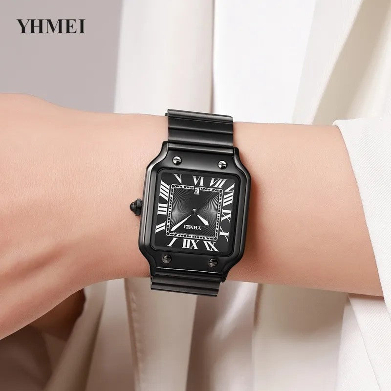 YHMEI 8239 Classic Square Rectangle Quartz Movement Wristwatch for Men’s- Black