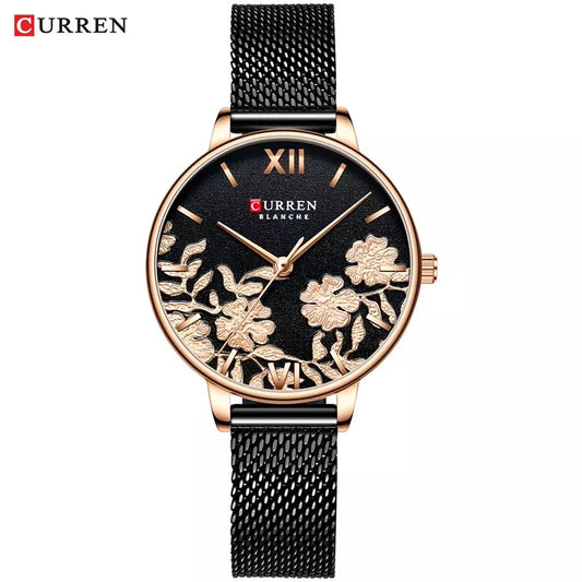 CURREN 9065 Mesh Stainless Steel Quartz Watch for Women - Black