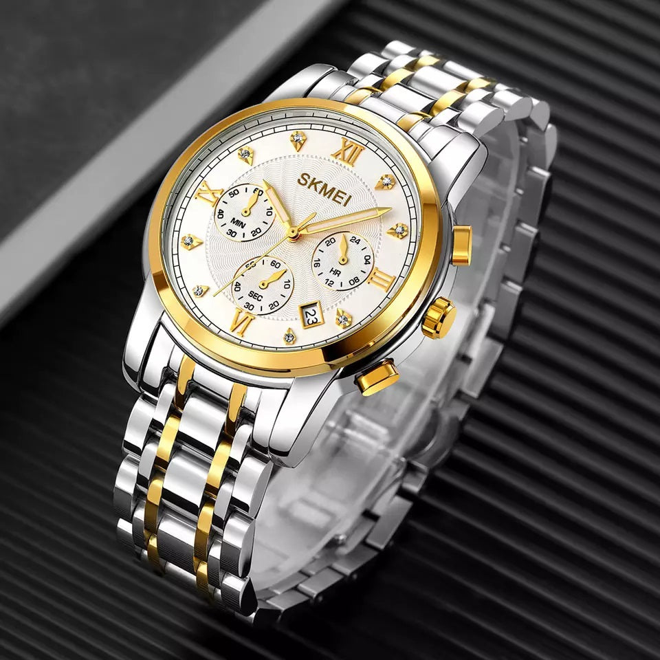 SKMEI 1904 Men’s Quartz Chronograph Stainless Steel Watch- Silver white