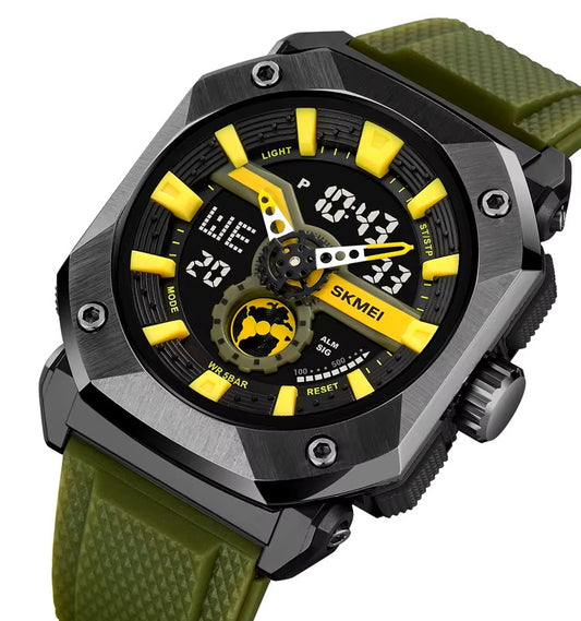 SKMEI 2272 Silicon Strap dual display Sports Analog Digital Watch- Green Gold