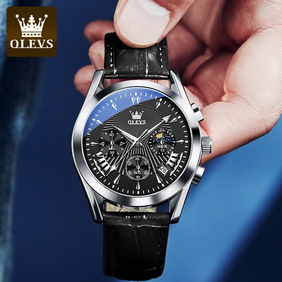 OLEVS 2876 Luxury Fashion Leather Quartz Wristwatch Men- Black Silver