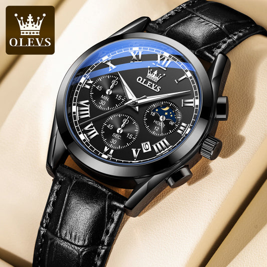 Olevs 2871 Leather Strap Fashion Business Quartz Wristwatch for Men- Black