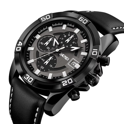 SKMEI 9156 Active Chronograph Leather Quartz Watch for Men- Black
