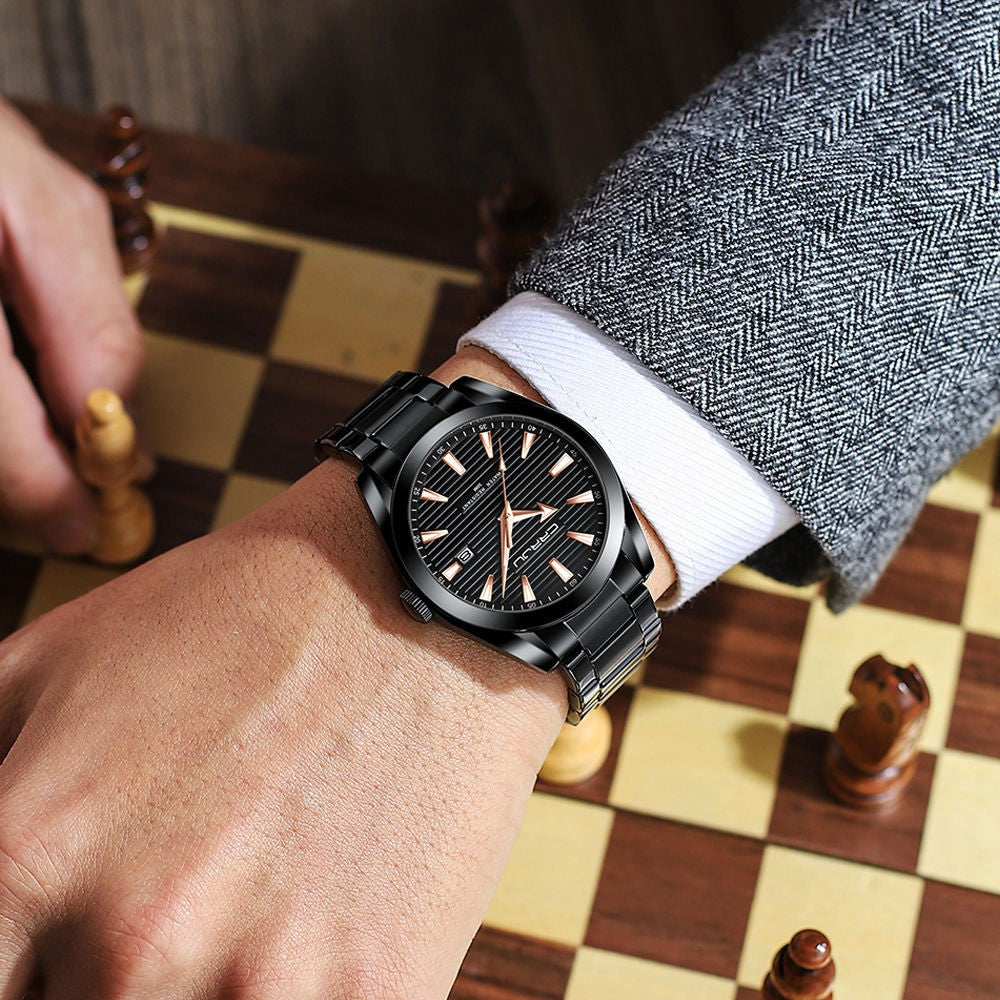 CRRJU 5006 High Quality Classic Quartz Luminous Stainless-Steel Watch for Men- Black
