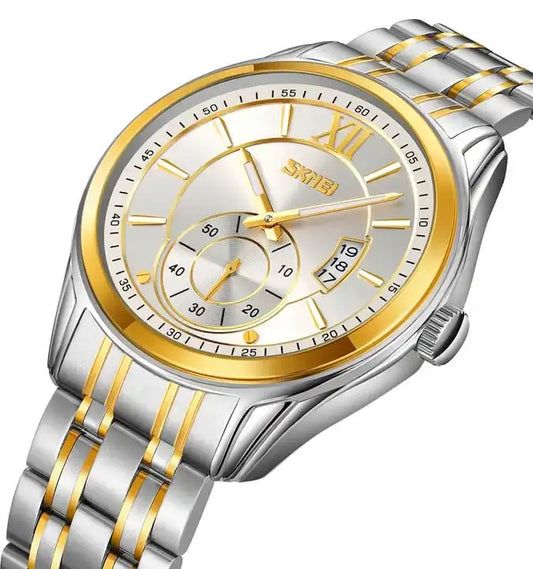Skmei 9319 Quartz Luminous Luxury Stainless Steel Classic Calendar Men’s Wrist-watches- Silver Gold
